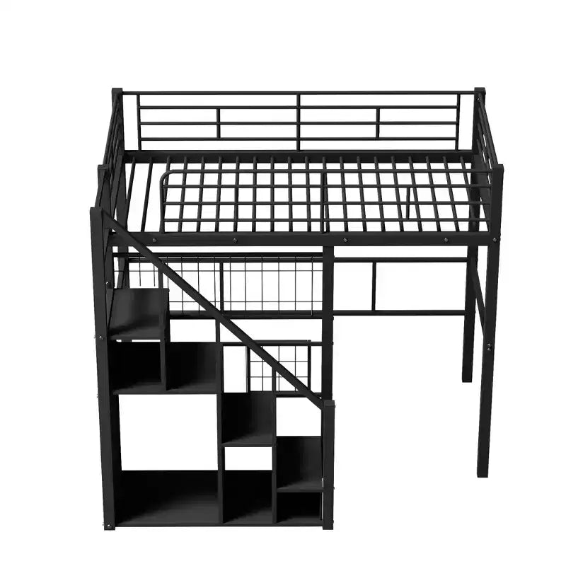 Litera alta individual con escaleras para niños, literas metálicas con armario pequeño, estructura de cama alta con malla decorativa