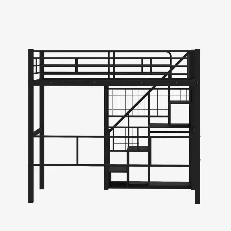 Litera alta individual con escaleras para niños, literas metálicas con armario pequeño, estructura de cama alta con malla decorativa