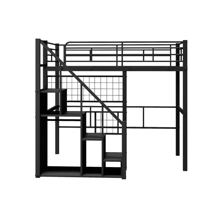 Litera alta individual con escaleras para niños, literas metálicas con armario pequeño, estructura de cama alta con malla decorativa