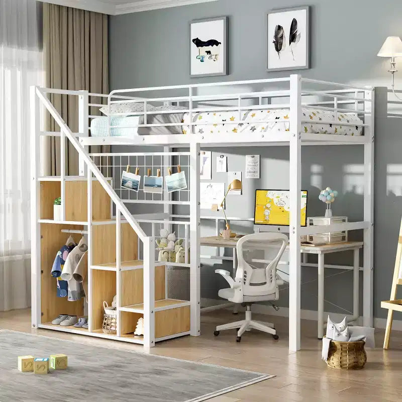 Litera alta individual con escaleras para niños, literas metálicas con armario pequeño, estructura de cama alta con malla decorativa