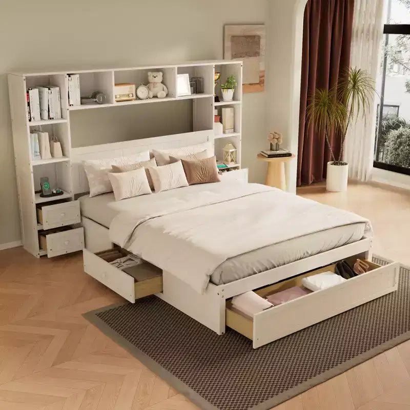 GDFStudio Polly Cama de plataforma tamaño Queen de madera de pino con mesitas de noche y gabinete librero