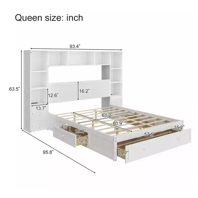 GDFStudio Polly Cama de plataforma tamaño Queen de madera de pino con mesitas de noche y gabinete librero