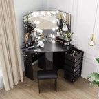 Tocador de maquillaje, Tocador de esquina con taburete, 5 cajones giratorios, Brillo ajustable, para dormitorio, sala de estar