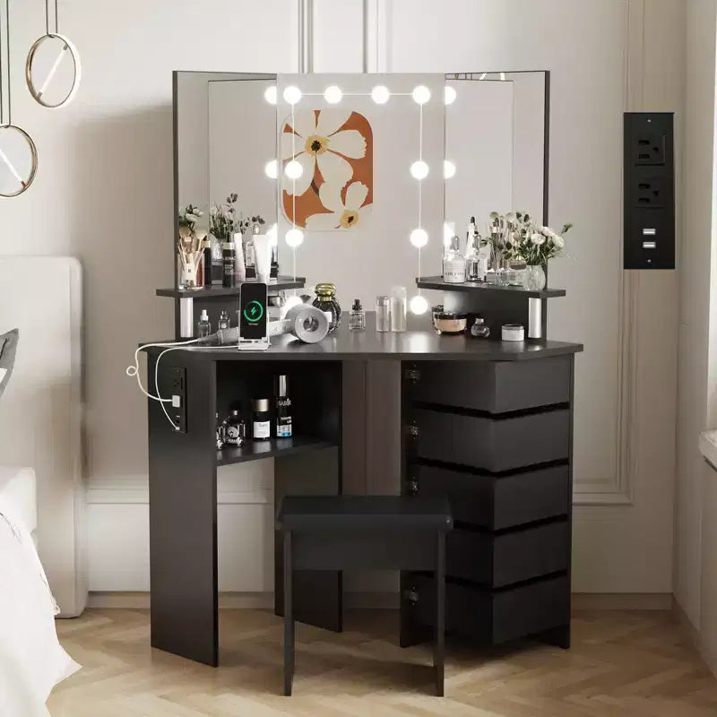 Tocador de maquillaje, Tocador de esquina con taburete, 5 cajones giratorios, Brillo ajustable, para dormitorio, sala de estar