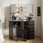 Tocador de maquillaje, Tocador de esquina con taburete, 5 cajones giratorios, Brillo ajustable, para dormitorio, sala de estar
