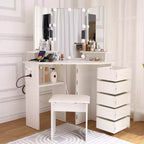Tocador de maquillaje, Tocador de esquina con taburete, 5 cajones giratorios, Brillo ajustable, para dormitorio, sala de estar
