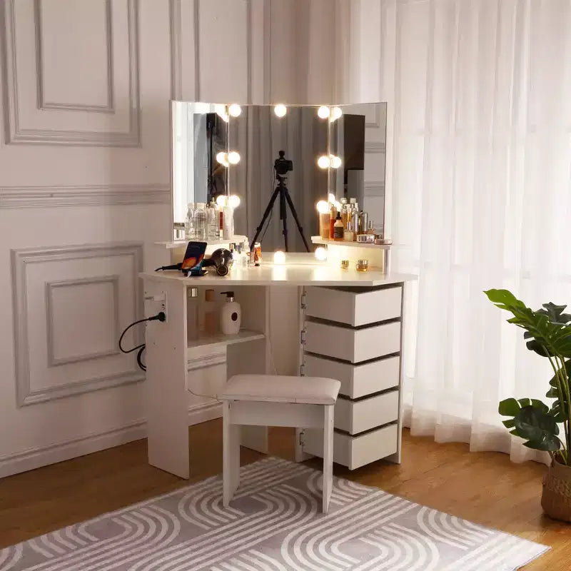Tocador de maquillaje, Tocador de esquina con taburete, 5 cajones giratorios, Brillo ajustable, para dormitorio, sala de estar
