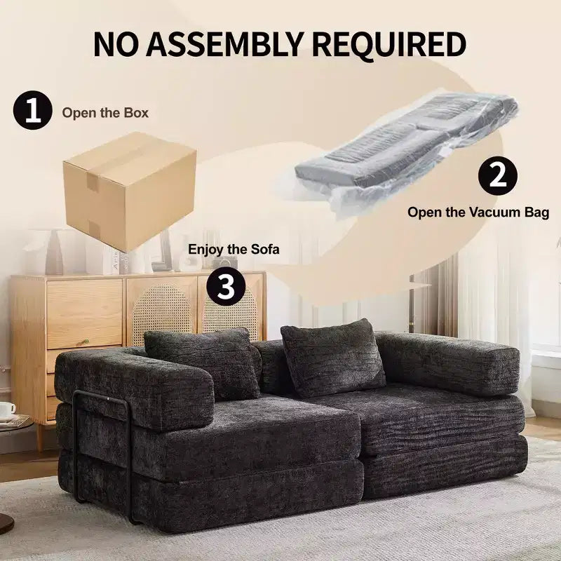 Sofá cama convertible de suelo Whisen con estructura de forma fija, sofás biplaza modulares sin huesos, tela de chenilla