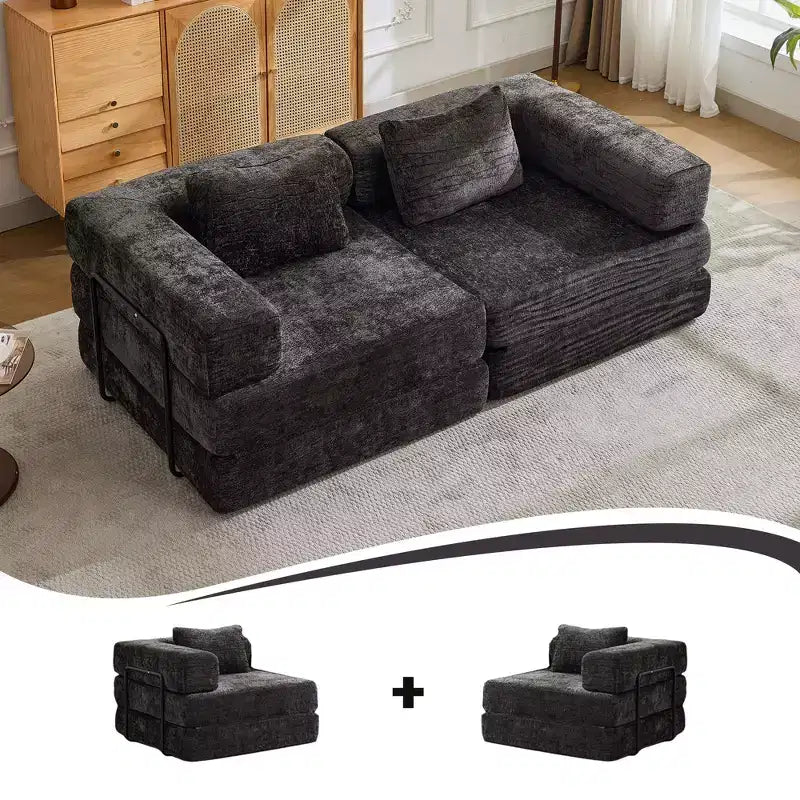 Sofá cama convertible de suelo Whisen con estructura de forma fija, sofás biplaza modulares sin huesos, tela de chenilla