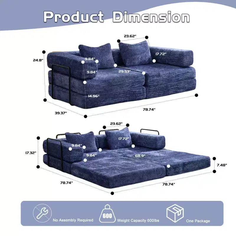 Sofá cama convertible de suelo Whisen con estructura de forma fija, sofás biplaza modulares sin huesos, tela de chenilla