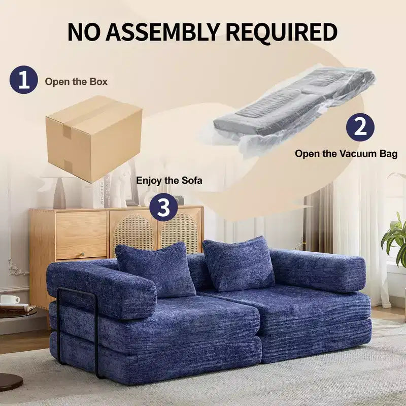 Sofá cama convertible de suelo Whisen con estructura de forma fija, sofás biplaza modulares sin huesos, tela de chenilla