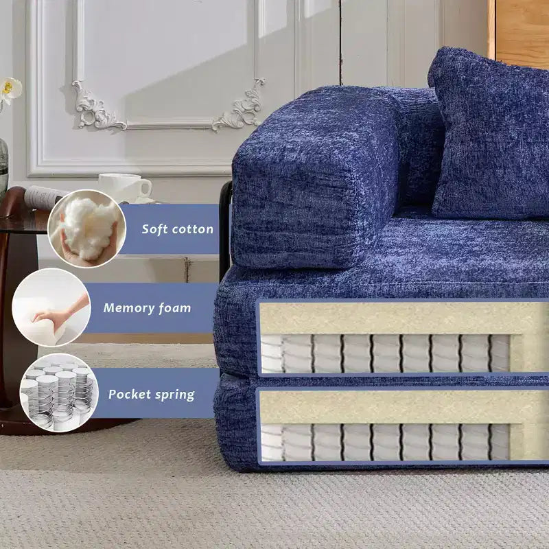 Sofá cama convertible de suelo Whisen con estructura de forma fija, sofás biplaza modulares sin huesos, tela de chenilla