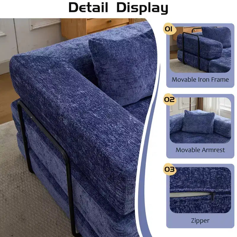 Sofá cama convertible de suelo Whisen con estructura de forma fija, sofás biplaza modulares sin huesos, tela de chenilla