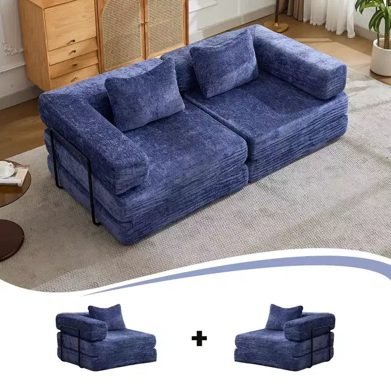 Sofá cama convertible de suelo Whisen con estructura de forma fija, sofás biplaza modulares sin huesos, tela de chenilla
