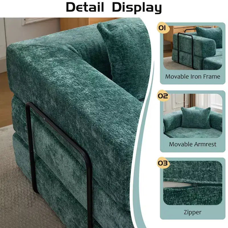 Sofá cama convertible de suelo Whisen con estructura de forma fija, sofás biplaza modulares sin huesos, tela de chenilla