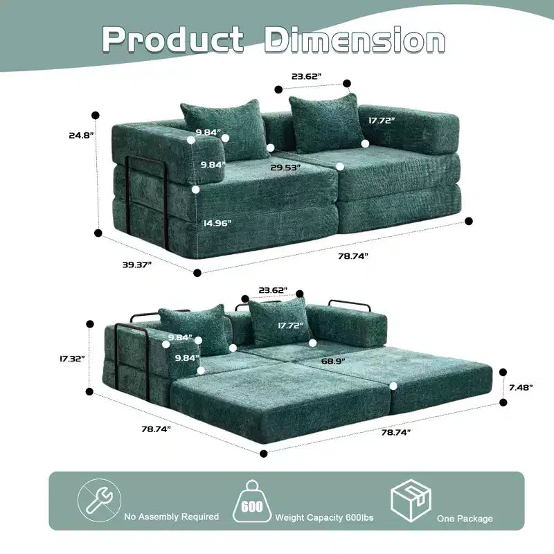 Sofá cama convertible de suelo Whisen con estructura de forma fija, sofás biplaza modulares sin huesos, tela de chenilla