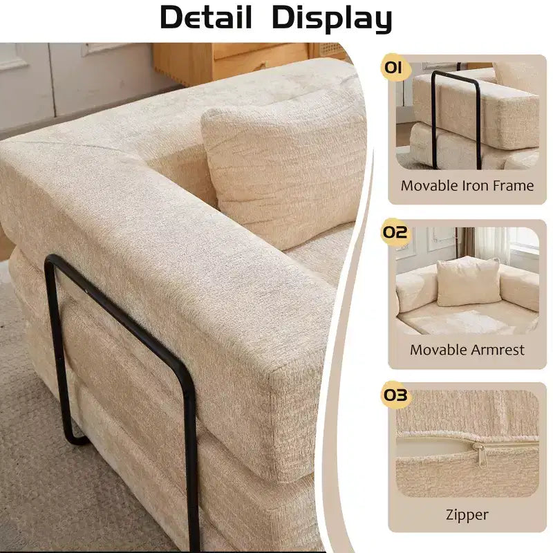 Sofá cama convertible de suelo Whisen con estructura de forma fija, sofás biplaza modulares sin huesos, tela de chenilla