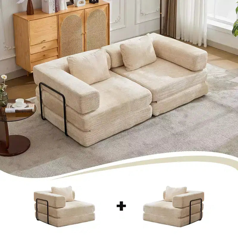 Sofá cama convertible de suelo Whisen con estructura de forma fija, sofás biplaza modulares sin huesos, tela de chenilla