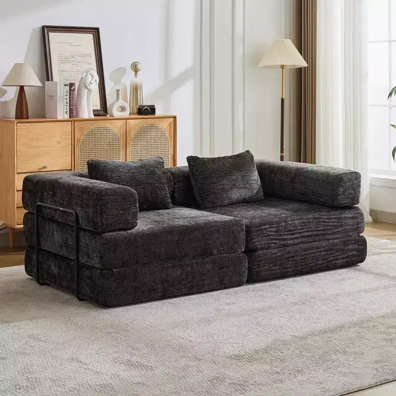 Sofá cama convertible de suelo Whisen con estructura de forma fija, sofás biplaza modulares sin huesos, tela de chenilla