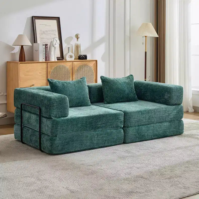 Sofá cama convertible de suelo Whisen con estructura de forma fija, sofás biplaza modulares sin huesos, tela de chenilla