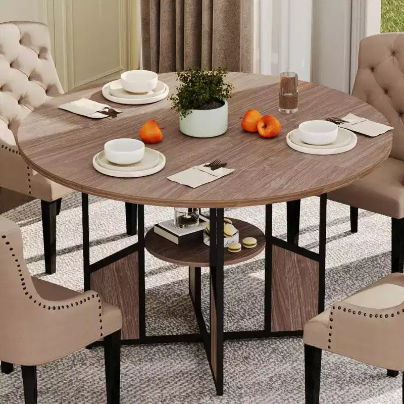 Mesa de comedor redonda para 4-6 personas, mesa de cocina y comedor de madera de 150 cm con base y patas ajustables, mesa de comedor redonda que ahorra espacio para sala de estar