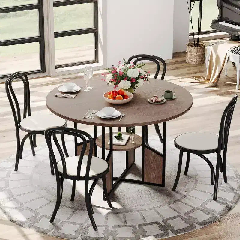 Mesa de comedor redonda para 4-6 personas, mesa de cocina y comedor de madera de 150 cm con base y patas ajustables, mesa de comedor redonda que ahorra espacio para sala de estar