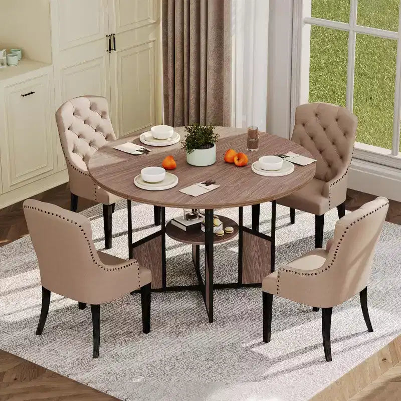 Mesa de comedor redonda para 4-6 personas, mesa de cocina y comedor de madera de 150 cm con base y patas ajustables, mesa de comedor redonda que ahorra espacio para sala de estar