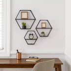Estantes hexagonales de pared modernos para decoración del hogar - Madera con marco de metal Organizador de almacenamiento para exhibición de oficina - Juego de 3, 22, 21, 19