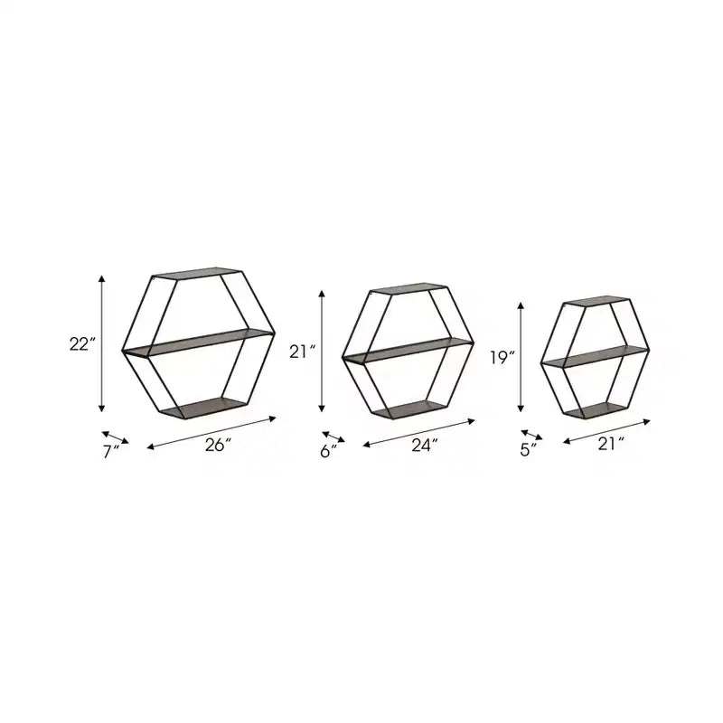 Estantes hexagonales de pared modernos para decoración del hogar - Madera con marco de metal Organizador de almacenamiento para exhibición de oficina - Juego de 3, 22, 21, 19