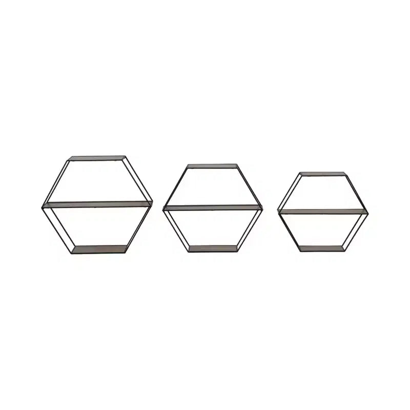 Estantes hexagonales de pared modernos para decoración del hogar - Madera con marco de metal Organizador de almacenamiento para exhibición de oficina - Juego de 3, 22, 21, 19