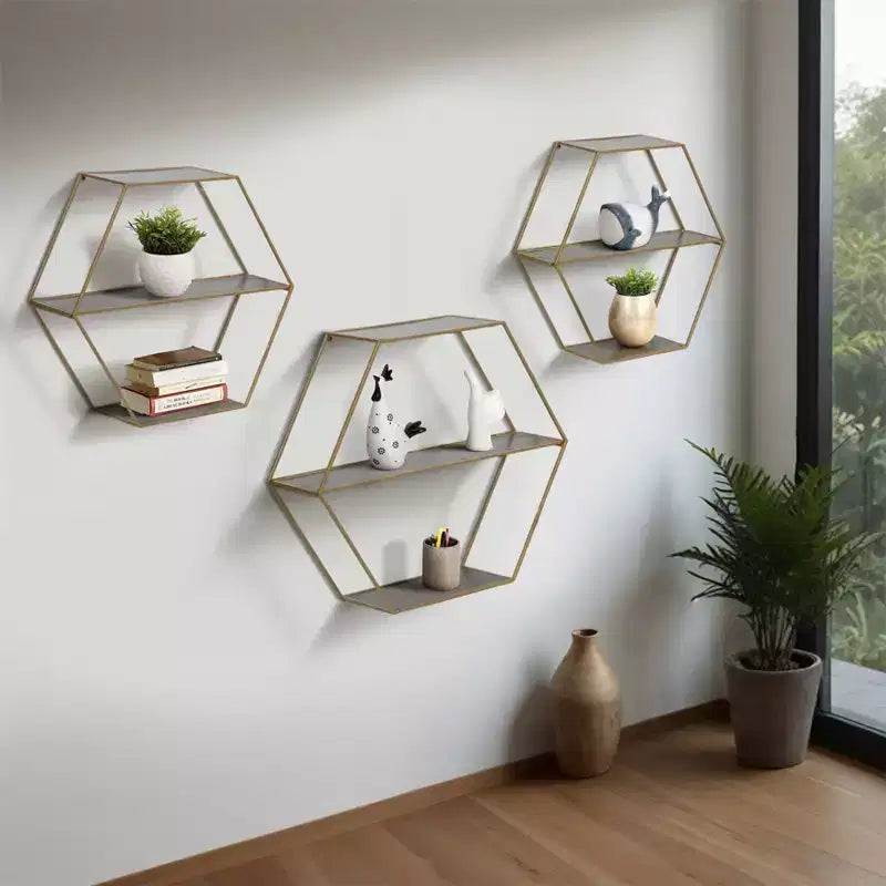 Estantes hexagonales de pared modernos para decoración del hogar - Madera con marco de metal Organizador de almacenamiento para exhibición de oficina - Juego de 3, 22, 21, 19