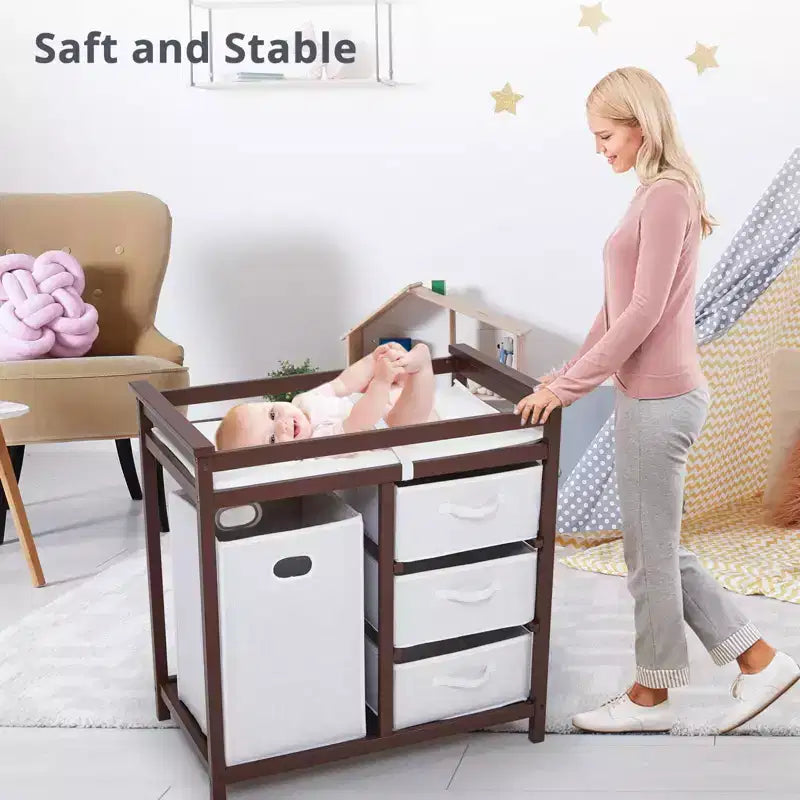 Cambiador de madera GustoWave para bebé, cambiador moderno, cómoda estación de pañales para bebés con cesto de ropa sucia, cesta de 3 cajones