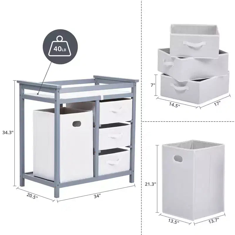 Cambiador de madera GustoWave para bebé, cambiador moderno, cómoda estación de pañales para bebés con cesto de ropa sucia, cesta de 3 cajones