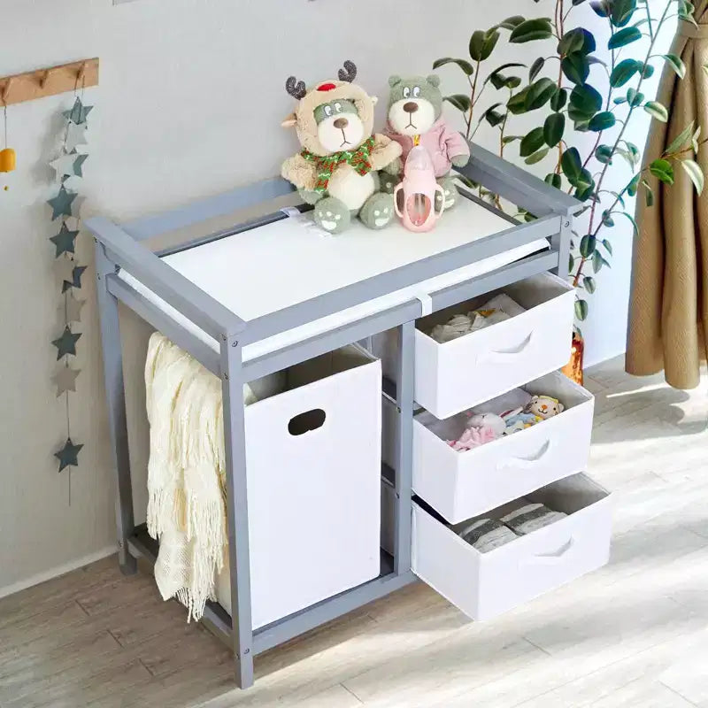 Cambiador de madera GustoWave para bebé, cambiador moderno, cómoda estación de pañales para bebés con cesto de ropa sucia, cesta de 3 cajones