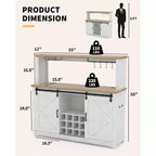 55 Armario de café tipo granja negro - Enchufe de corriente y luz LED, puerta corrediza tipo granero, botellero para 12 botellas, cajones de 2 niveles