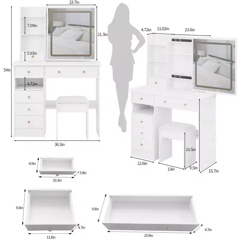 Tocador Homy Casa con espejo iluminado y taburete, espacio pequeño, regalo de vacaciones, blanco