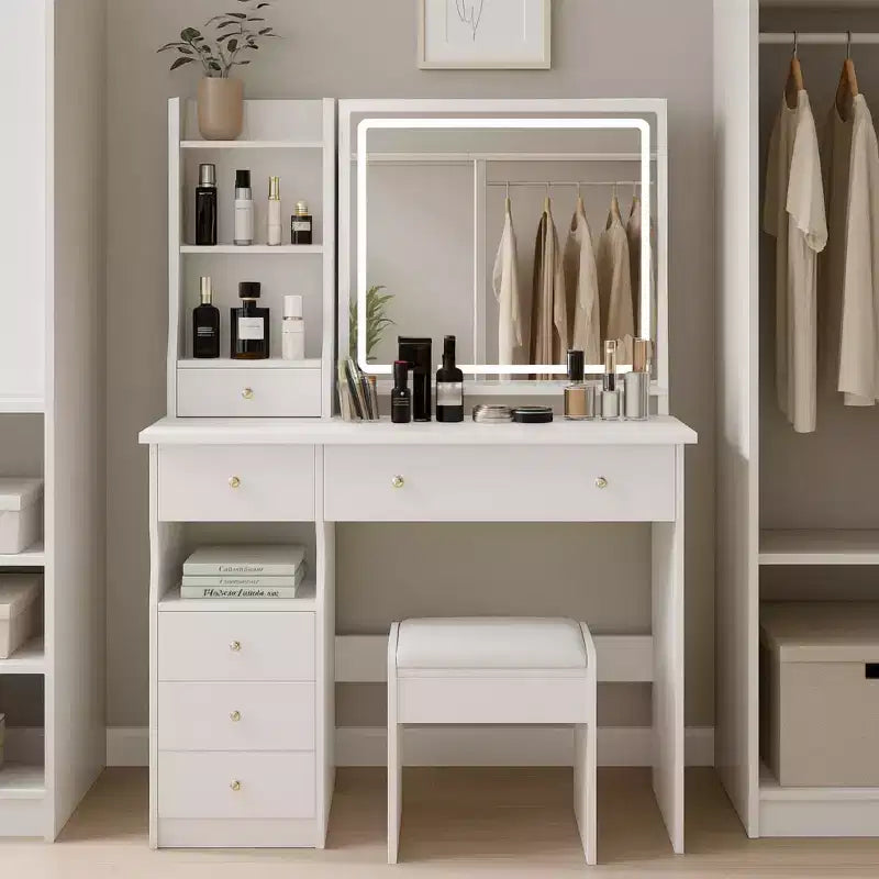 Tocador Homy Casa con espejo iluminado y taburete, espacio pequeño, regalo de vacaciones, blanco