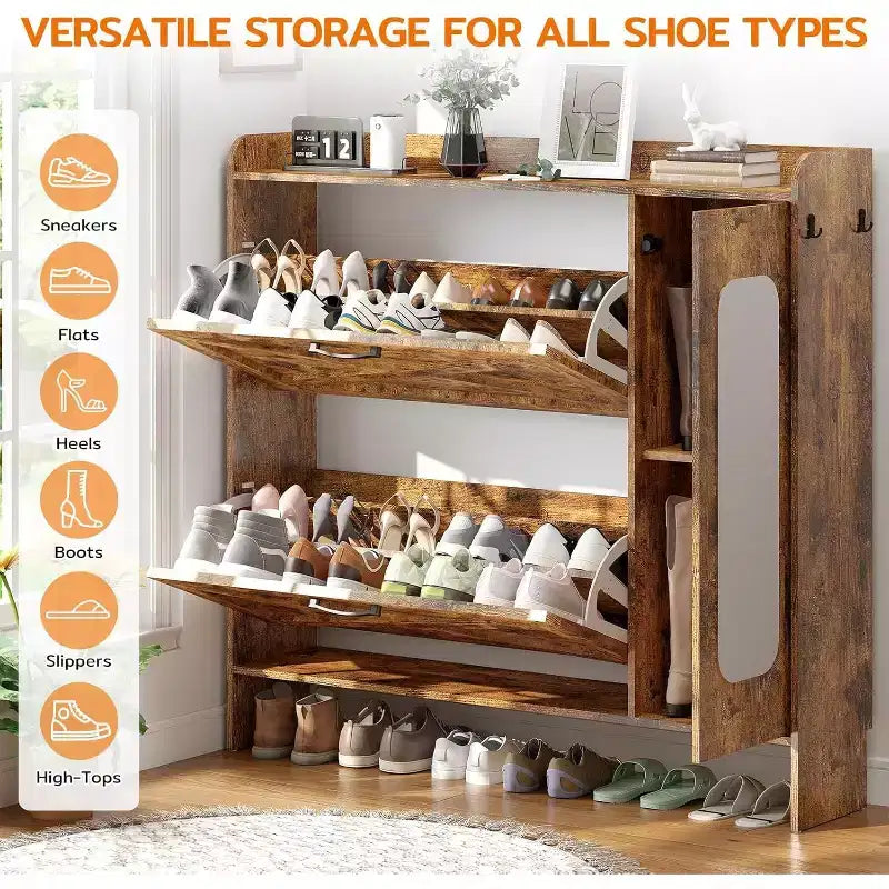 Mueble zapatero Zevemomo 40.51 con 2 cajones abatibles y armario lateral, organizador de zapatos con espejo y estantes ajustables, marrón oscuro
