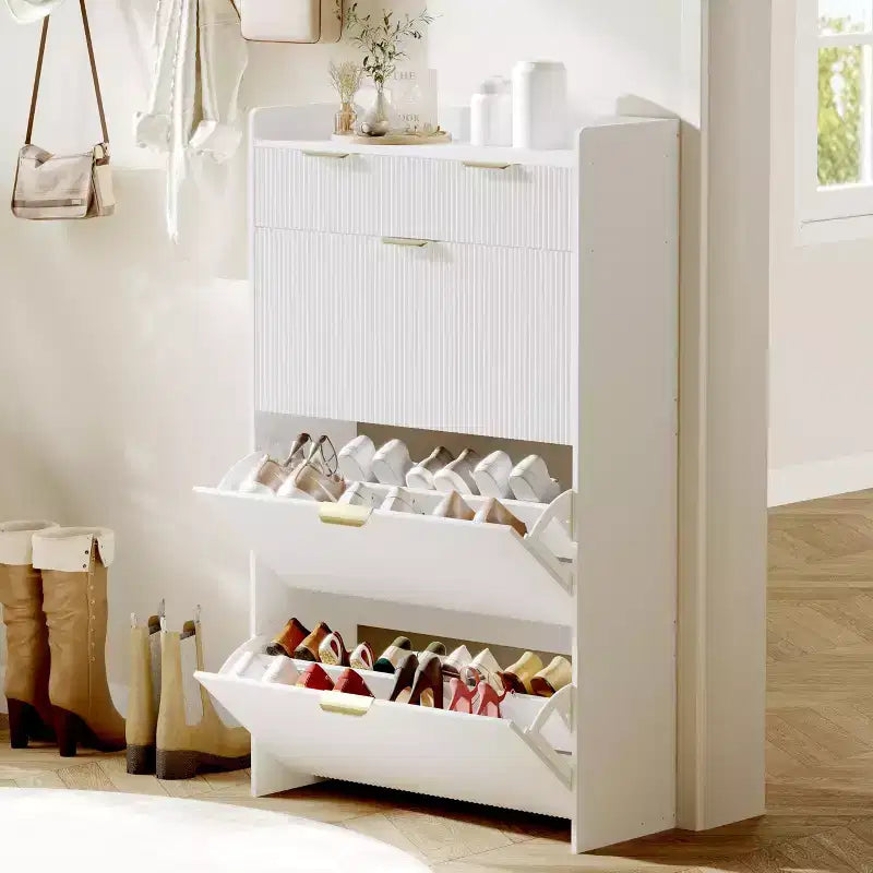 Mueble Zapatero Delgado COZONY con 3 Cajones Abatibles y 2 Cajones Pequeños, Organizador de Almacenamiento de Zapatos Oculto Independiente para Entrada, Pasillo, Sala de Estar