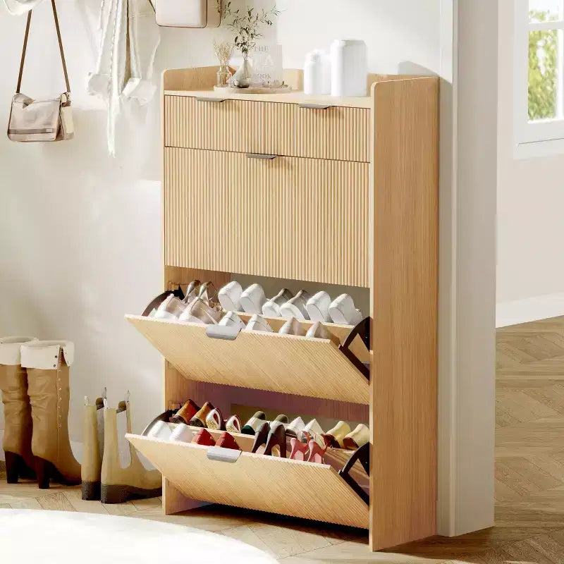 Mueble Zapatero Delgado COZONY con 3 Cajones Abatibles y 2 Cajones Pequeños, Organizador de Almacenamiento de Zapatos Oculto Independiente para Entrada, Pasillo, Sala de Estar