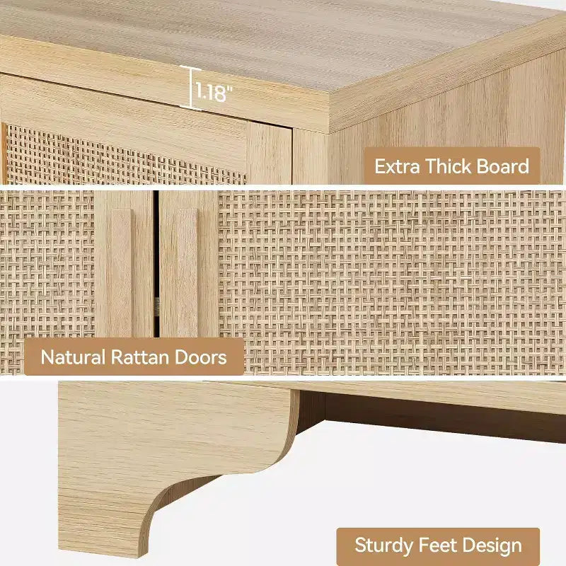 Aparador bufé de ratán natural con 4 puertas, consola de entrada, mueble para café y bufé de almacenamiento para comedor, cocina y sala de estar