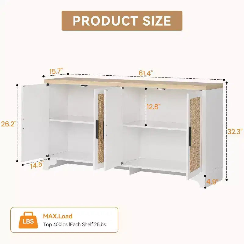 Aparador bufé de ratán natural con 4 puertas, consola de entrada, mueble para café y bufé de almacenamiento para comedor, cocina y sala de estar