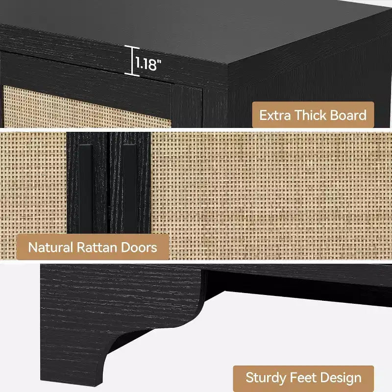 Aparador bufé de ratán natural con 4 puertas, consola de entrada, mueble para café y bufé de almacenamiento para comedor, cocina y sala de estar