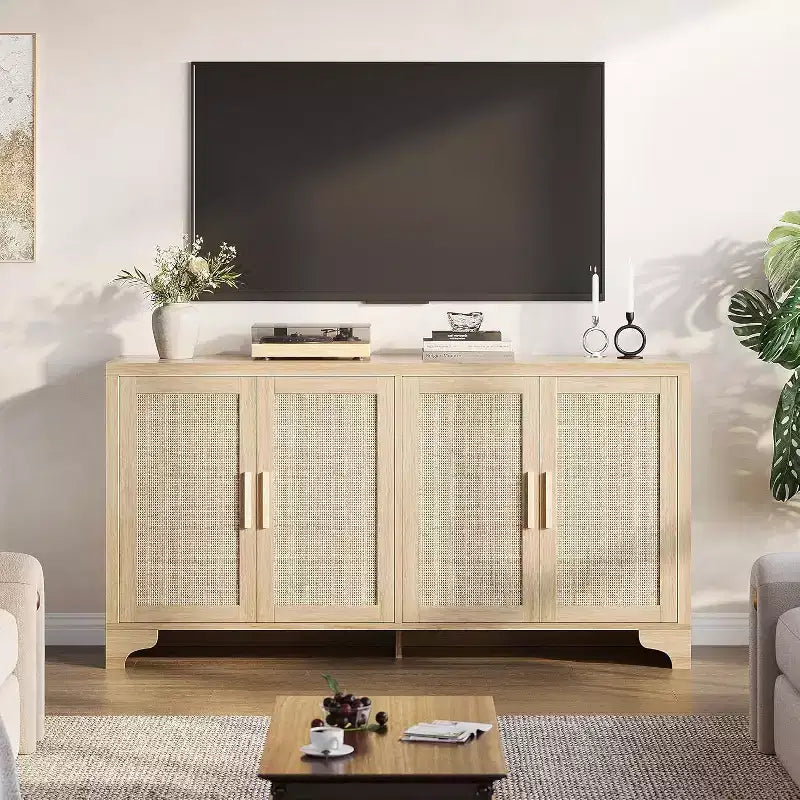 Aparador bufé de ratán natural con 4 puertas, consola de entrada, mueble para café y bufé de almacenamiento para comedor, cocina y sala de estar