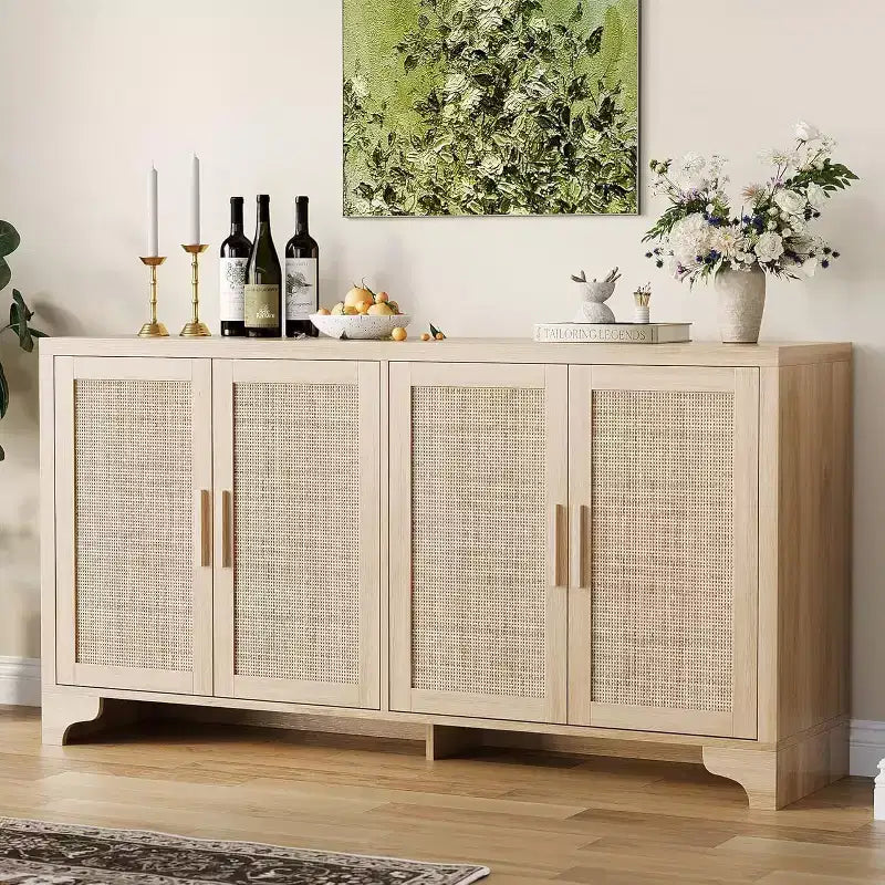 Aparador bufé de ratán natural con 4 puertas, consola de entrada, mueble para café y bufé de almacenamiento para comedor, cocina y sala de estar