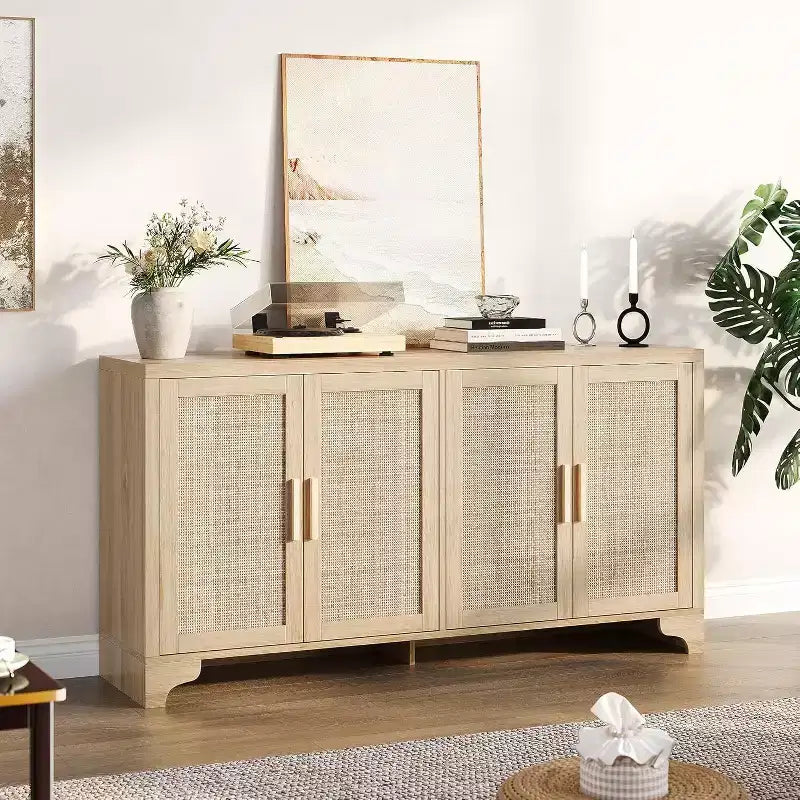 Aparador bufé de ratán natural con 4 puertas, consola de entrada, mueble para café y bufé de almacenamiento para comedor, cocina y sala de estar