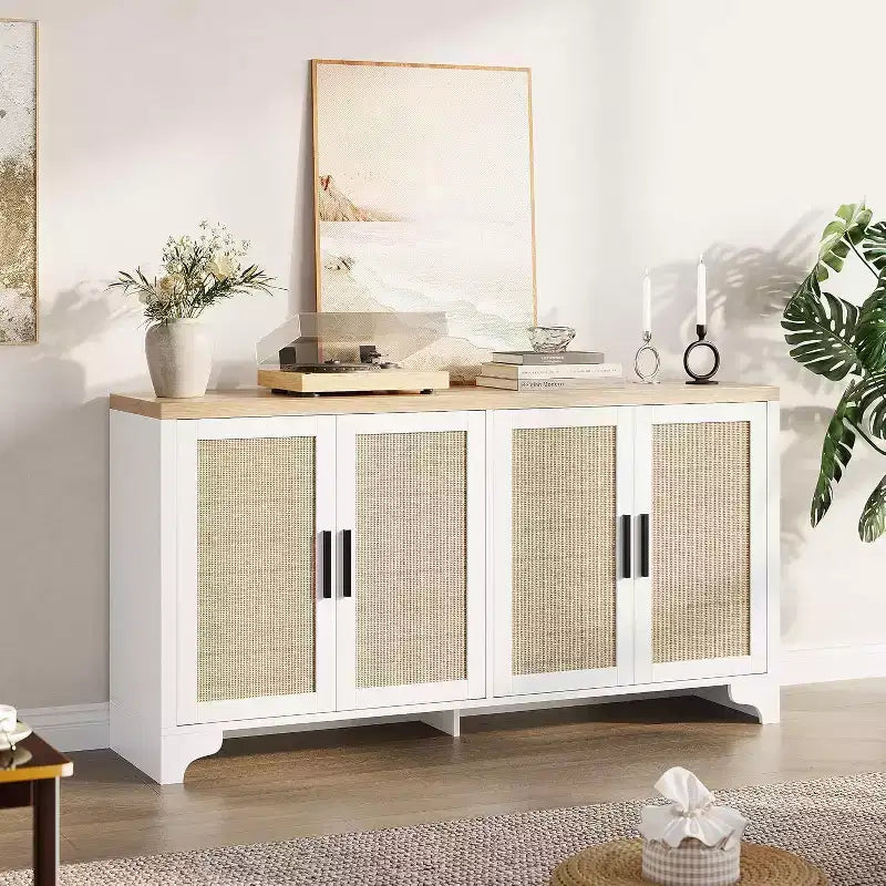 Aparador bufé de ratán natural con 4 puertas, consola de entrada, mueble para café y bufé de almacenamiento para comedor, cocina y sala de estar