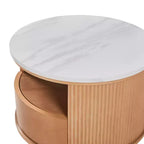 Juego de mesas de centro redondas apilables con tapa de mármol blanco, almacenamiento de 2 niveles y cajón, natural - ModernLuxe