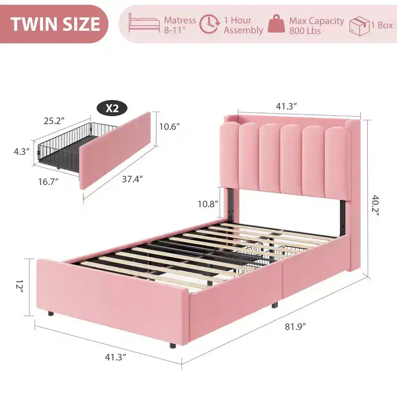 Estructura de cama individual con cabecero de almacenamiento, base de cama tapizada con 2 cajones, soporte de listones de madera, no requiere somier