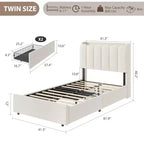 Estructura de cama individual con cabecero de almacenamiento, base de cama tapizada con 2 cajones, soporte de listones de madera, no requiere somier